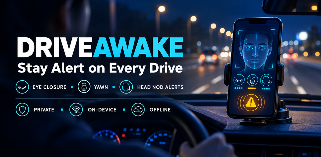 DriveAwake running on a phone mounted on a car dashboard at night